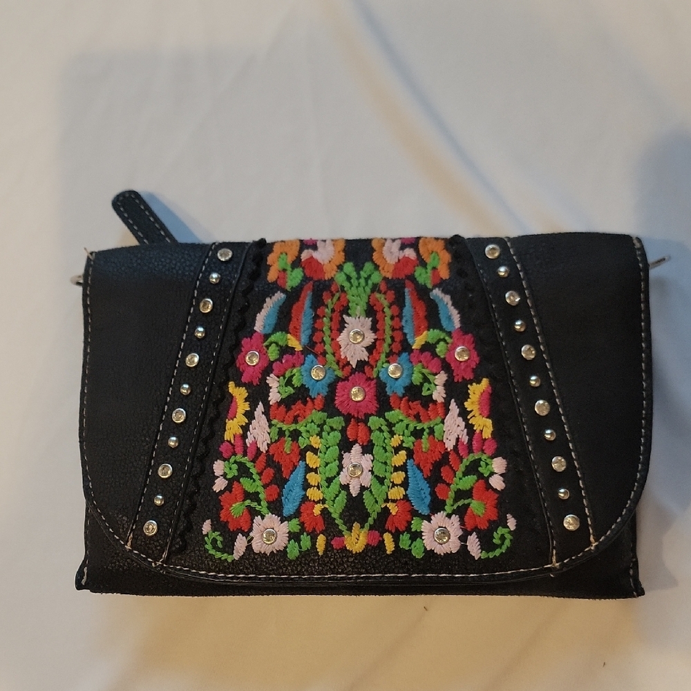 Embroidered Black Clutch Bag